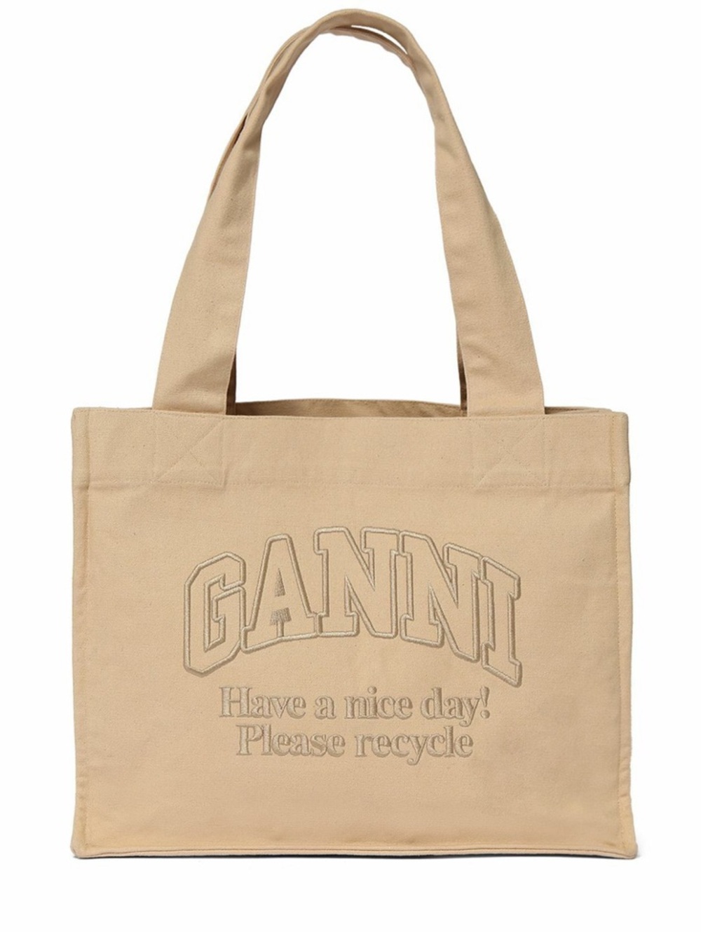 NWT Ganni tote tan beige cotton canvas tote gold embroidered logo w/ silk insert